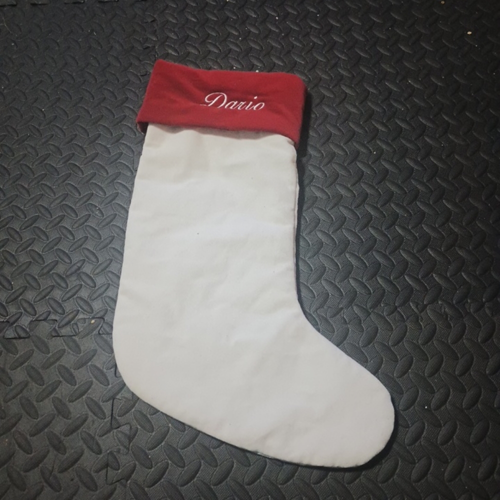 West Elm Classic Velvet Stocking maroon Ivory Monogram Dario